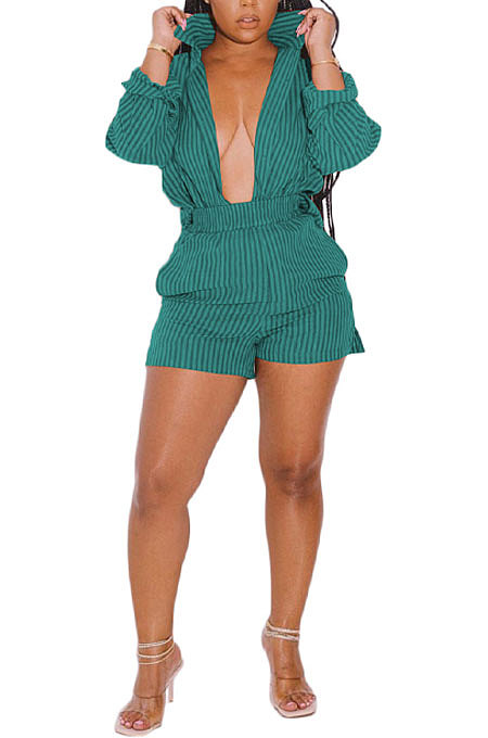 Cyan Women Long Sleeve Strap Printing Shirt Shorts Sets AD0705-2