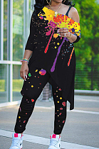 Black Splash-Ink Print Oblique Shoulder Long Sleeve Carrot Pants Sports Two-Piece LY049-2
