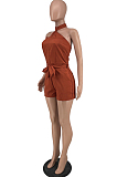 Purple Red  Night Club Halter Neck Strapless Belt Solid Color Romper Shorts ZNN9085-3