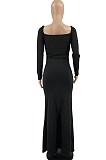 Khaki Elastic Solid Color Square Neck Long Sleeve Ruffle Bodycon Dress YYF8237-1
