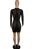 Red Autumn And Winter New Hollow Out Long Sleeve Zipper Pure Colur Hip Mini Dress E8609-1