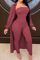 Wind Red Autumn And Winter Long Sleeve Coat Strapless Solid Colur Bodycon Jumpsuits Two Piece E8508-3