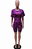Purple Cute Stars Printing Collect Waist Round Neck Short Sleeve Tight Shorts Two-Piece HMR6020-1