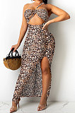 Brown Leopard Fashion Digital Printing Strapless Bandage Hollow Out Split Long Dress XZ5236-1