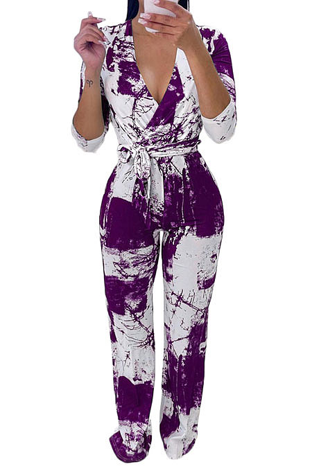 Blue Women Printing With Waistband Long Sleeve Bodycon Casual Jumpsuits AD0706-1