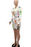 Red Women Casual Printing Shirt Buttons Long Sleeve Skirts Sets MR2105-2