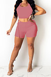 Pink Red Pure Color Tank Waist Bandage Hole Shorts Sets AYQ0508-3