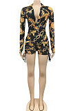 Yellow Sexy Printing Long Sleeve Zipper V Neck Drawsting Romper Shorts XZ5178-4