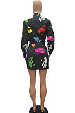 Black Women Casual Printing Shirt Buttons Long Sleeve Skirts Sets MR2105-3