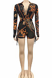 Brown Sexy Printing Long Sleeve Zipper V Neck Drawsting Romper Shorts XZ5178-1