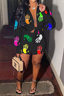 Black Women Casual Printing Shirt Buttons Long Sleeve Skirts Sets MR2105-3