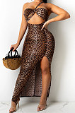 Brown Leopard Fashion Digital Printing Strapless Bandage Hollow Out Split Long Dress XZ5236-1