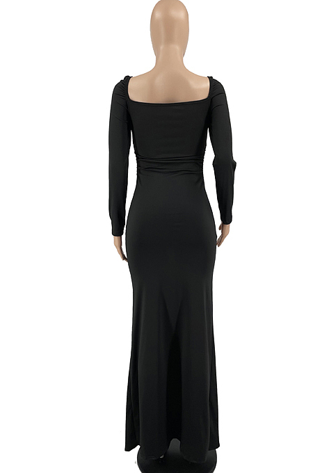 Red Elastic Solid Color Square Neck Long Sleeve Ruffle Bodycon Dress YYF8237-2