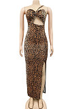 Brown Leopard Fashion Digital Printing Strapless Bandage Hollow Out Split Long Dress XZ5236-1