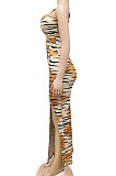 White Leopard Fashion Digital Printing Strapless Bandage Hollow Out Split Long Dress XZ5236-2