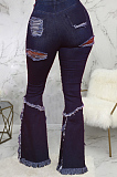 Dark Blue Elastic Water Washing Hole High Waist Jean Flare Pants SMR2437-1