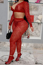 Red Women Sexy Lace Long Sleeve V Neck Long Pants Sets Q771-1
