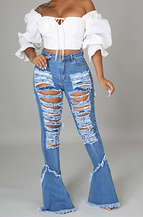 Light Blue Elastic Water Washing Hole High Waist Jean Flare Pants SMR2437-2