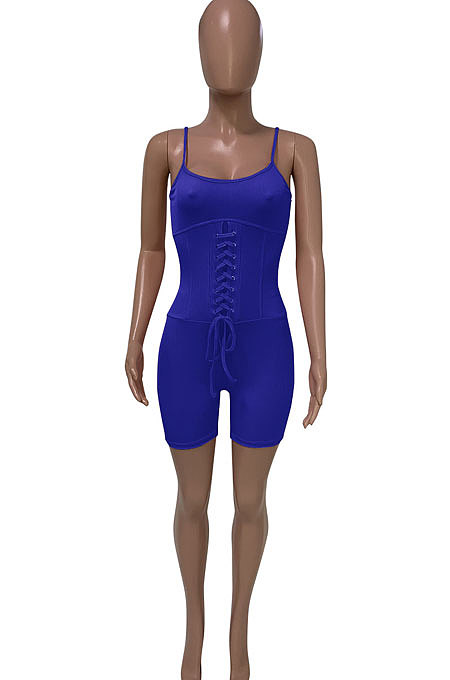 Blue Euramerican Women Pure Color Condole Belt Eyelet Bandage Sexy Romper Shorts Q774-6