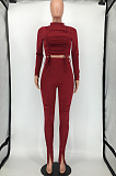 Blue Ruffle Drawsting Pure Color O Neck Long Sleeve Pencil Pants Slim Fitting Sports Sets SMD82079-1 