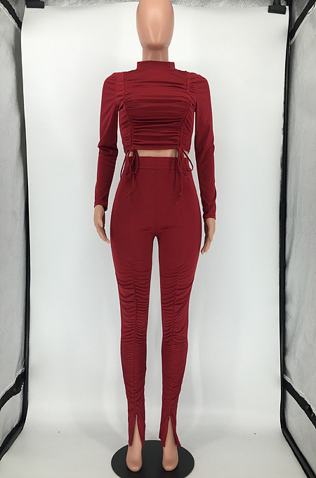 Blue Ruffle Drawsting Pure Color O Neck Long Sleeve Pencil Pants Slim Fitting Sports Sets SMD82079-1 
