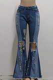Light Blue Fashion Spliced Hole Water Washing Elastic Slim Fitting Jean Flare Pants SMR2551