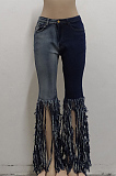 Dark Blue New Tassel Spliced Hole Elastic Jean Flare Pants SMR2511