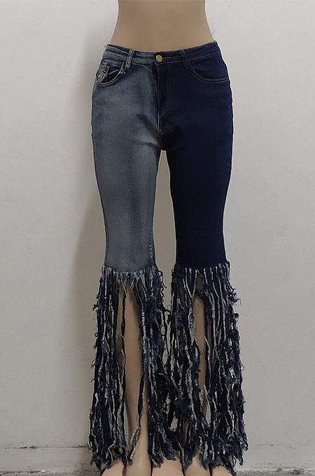 Dark Blue New Tassel Spliced Hole Elastic Jean Flare Pants SMR2511