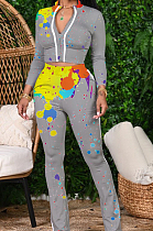 Grey Cotton Blend Splash-Ink Printing Long Sleeve Stand Collar Zipper Long Pants Sports Sets ZQ9219-1