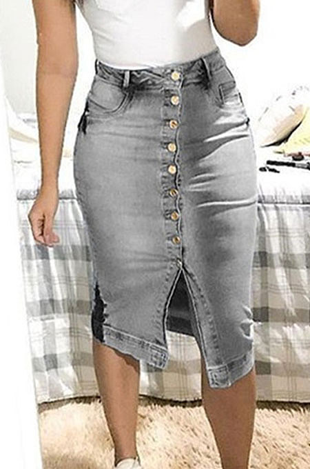 Women Bodycon Sexy Hip Buttons Mid Jeans Skirts GR6002