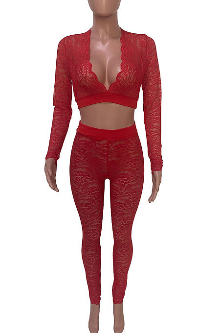 Red Women Sexy Lace Long Sleeve V Neck Long Pants Sets Q771-1