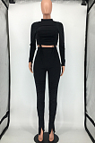 Wine Red Ruffle Drawsting Pure Color O Neck Long Sleeve Pencil Pants Slim Fitting Sports Sets SMD82079-1