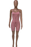 Pink Euramerican Women Pure Color Condole Belt Eyelet Bandage Sexy Romper Shorts Q774-1
