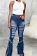 Blue Elastic Water Washing Hole High Waist Jean Flare Pants SMR2437-3