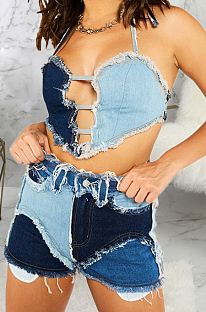 Blue Casual Spliced Elastic Hip Jean Shorts SMR2464-3