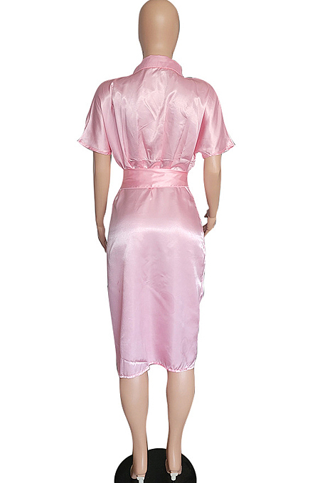 White Fashion Lapel Collar Short Sleeve Single-Breasted Bandage Ruffle Shirt Dress P8741-1