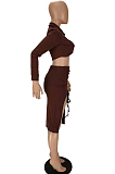 Coffee New Snap Fastenet Long Sleeve Lapel Collar Dew Waist Shirt Ruffle Drawsting Skirts Two-Piece MN8378-2