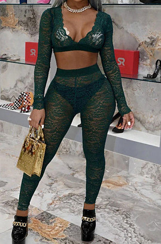 Black Women Sexy Lace Long Sleeve V Neck Long Pants Sets Q771-3