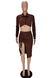 Coffee New Snap Fastenet Long Sleeve Lapel Collar Dew Waist Shirt Ruffle Drawsting Skirts Two-Piece MN8378-2