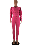 Pink Casual Round Collar Puff Sleeve T-Shirt With Pocket Tied Pencil Pants Sports Sets SMD82078-2