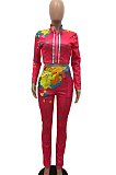 Rose Red Cotton Blend Splash-Ink Printing Long Sleeve Stand Collar Zipper Long Pants Sports Sets ZQ9219-3