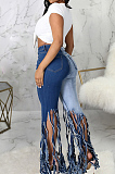 Dark Blue New Tassel Spliced Hole Elastic Jean Flare Pants SMR2511