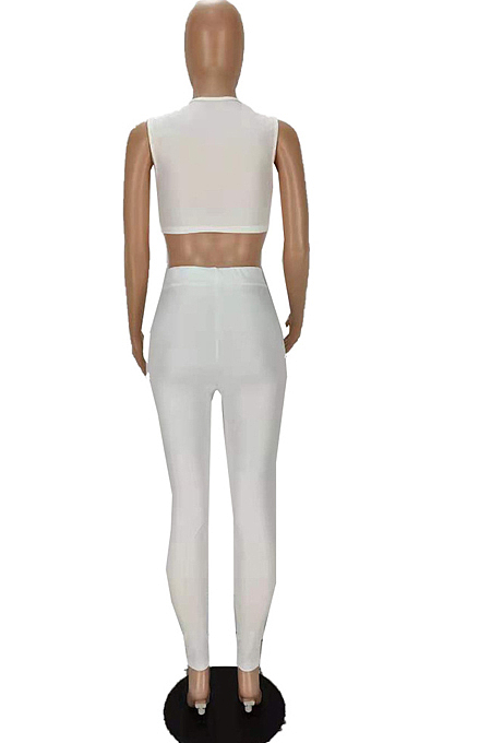 White Sexy Sleeveless V Neck Front Knot Dew Waist Tank Bodycon Pants Two-Piece MN8375-1