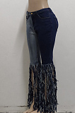 Dark Blue New Tassel Spliced Hole Elastic Jean Flare Pants SMR2511
