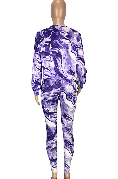 Blue Casual Printing Round Collar Long Sleeve Loose T-Shirt Slim Fitting Long Pants Two-Piece SM9198-2