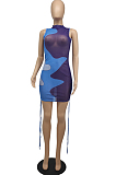 Orange Women Sexy Color Block Drawsting Sleeveless Bodycon Mini Dress SDE62110-1