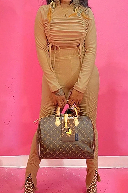 Khaki Ruffle Drawsting Pure Color O Neck Long Sleeve Pencil Pants Slim Fitting Sports Sets SMD82079-3