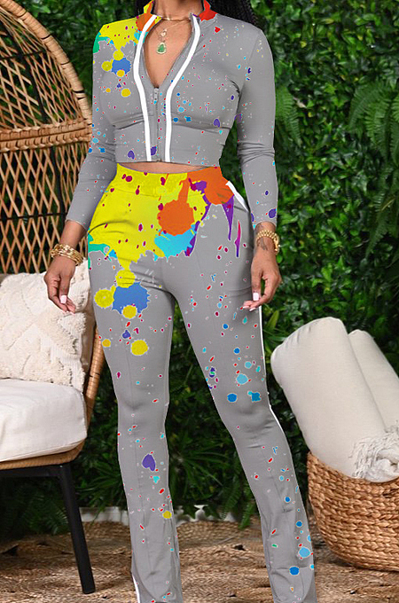 Rose Red Cotton Blend Splash-Ink Printing Long Sleeve Stand Collar Zipper Long Pants Sports Sets ZQ9219-3