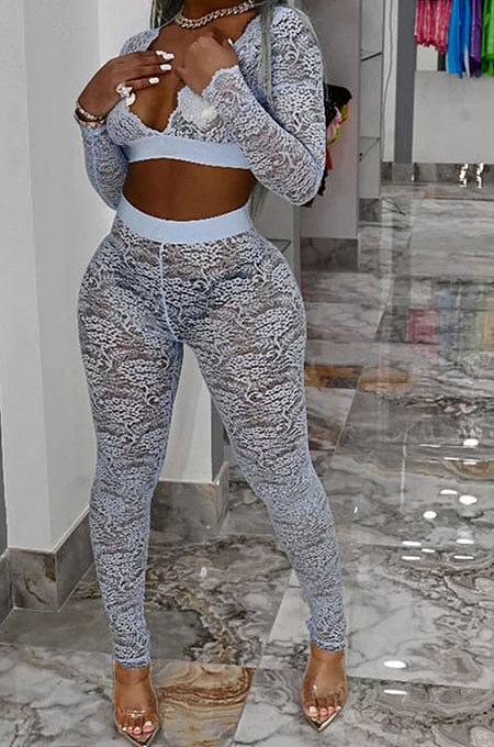 Gray White Women Sexy Lace Long Sleeve V Neck Long Pants Sets Q771-4