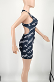 Black Digital Letter Printing Sleeveless U Neck Slim Fitting Tank Hip Mini Dress OQ016 